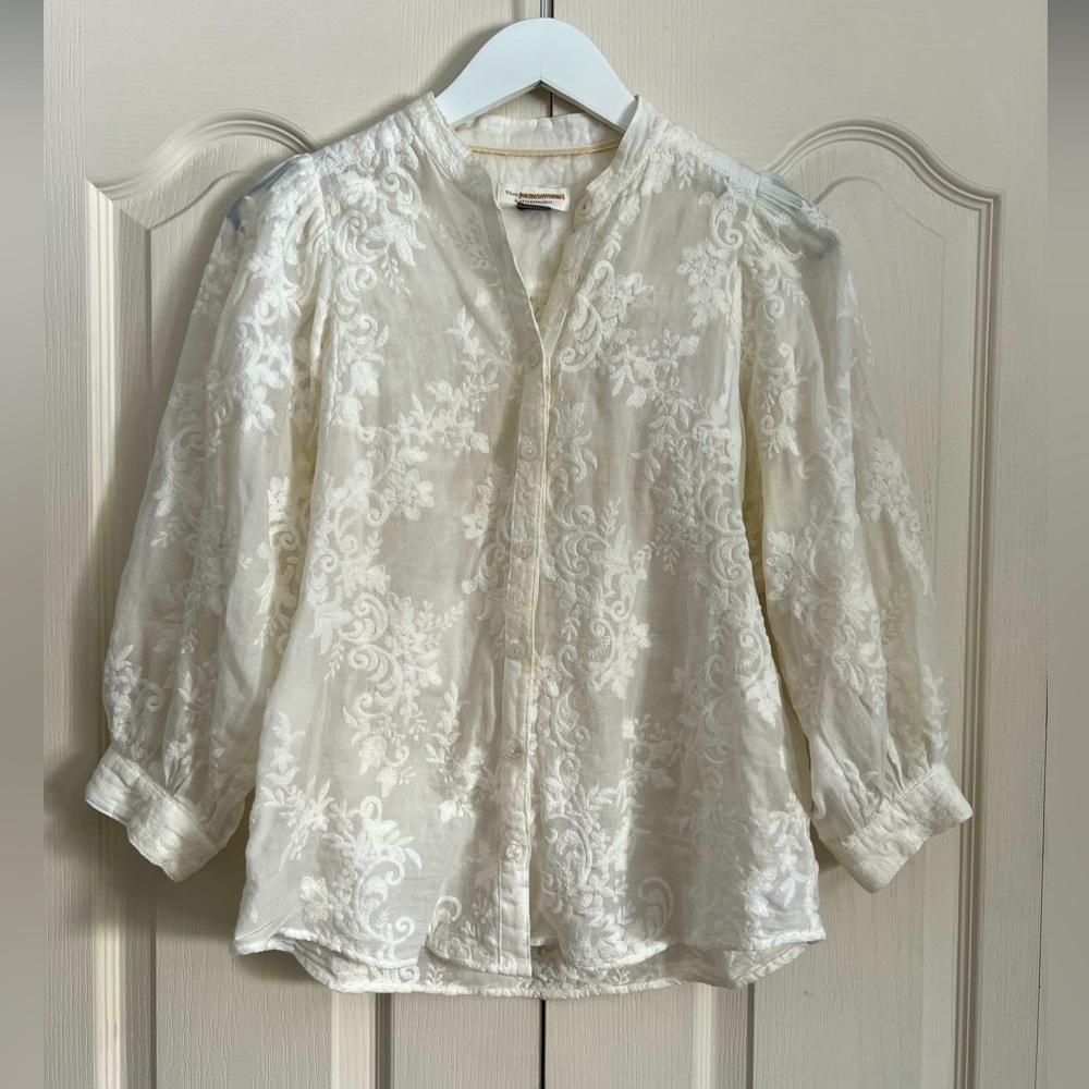 Pilcro and the Letterpress Embroidered Cream Sheer Blouse - XS